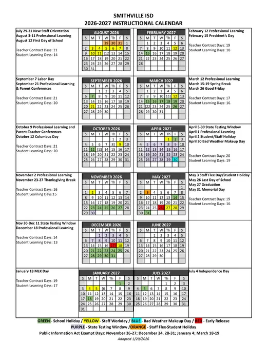 Smithville ISD 2026–2027 Academic Calendar