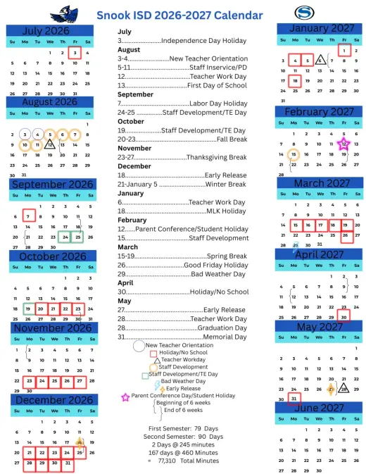 Snook ISD 2026–2027 Academic Calendar Page 1