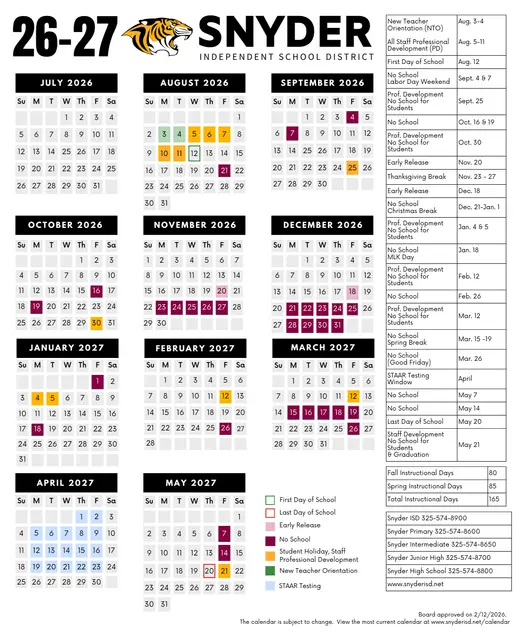 Snyder Independent School District 2026–2027 Academic Calendar Page 1