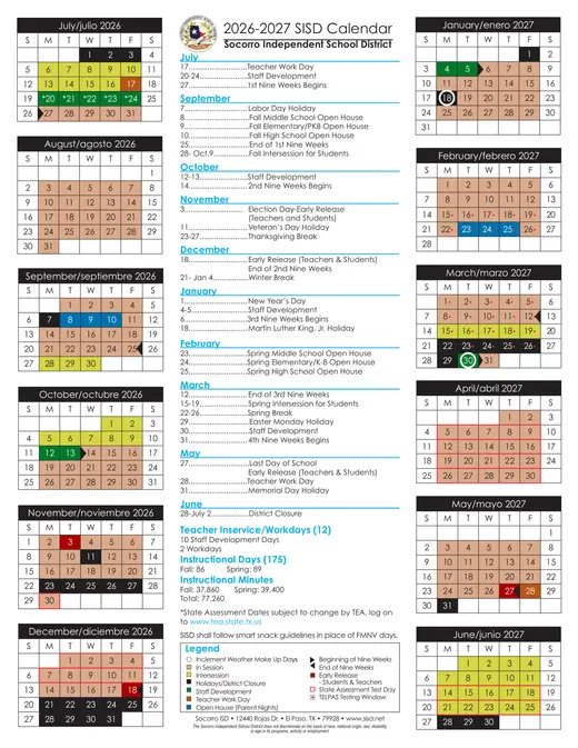 Socorro Independent School District 2025–2026 Academic Calendar Page 1