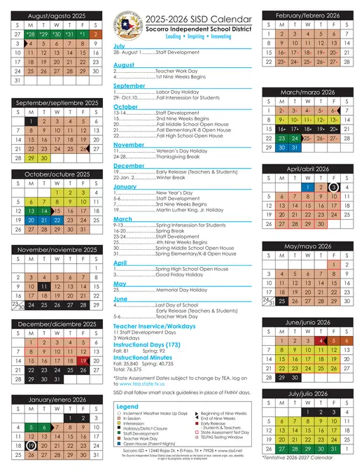 Socorro Independent School District 2025–2026 Academic Calendar Page 2