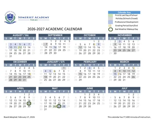 Somerset Academy Texas 2026–2027 Academic Calendar