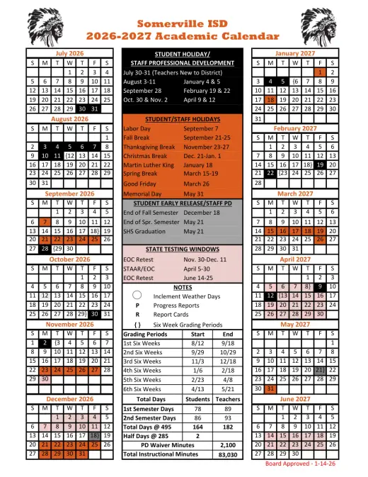 Somerville ISD 2026–2027 Academic Calendar Page 1