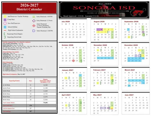 Sonora ISD 2026–2027 Academic Calendar Page 1