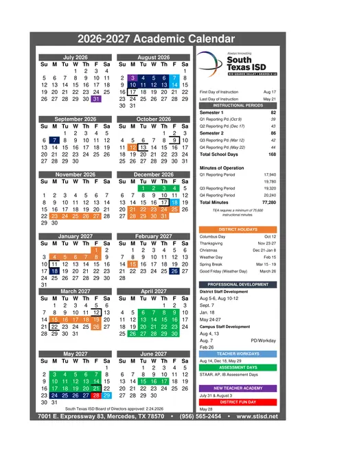 South Texas ISD 2026–2027 Academic Calendar