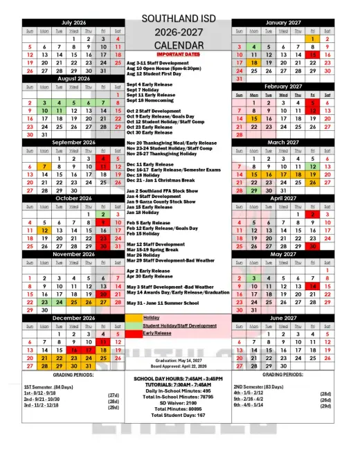 Southland ISD 2026–2027 Academic Calendar Page 1