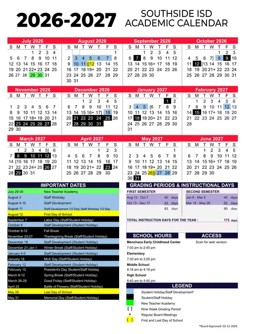 Southside ISD 2026–2027 Academic Calendar
