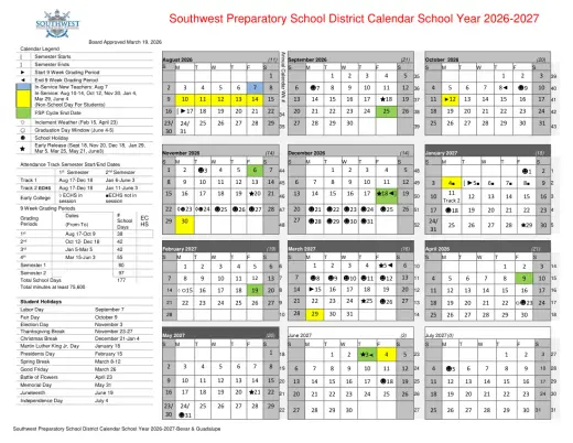 Southwest Preparatory School 2026–2027 Academic Calendar Page 1