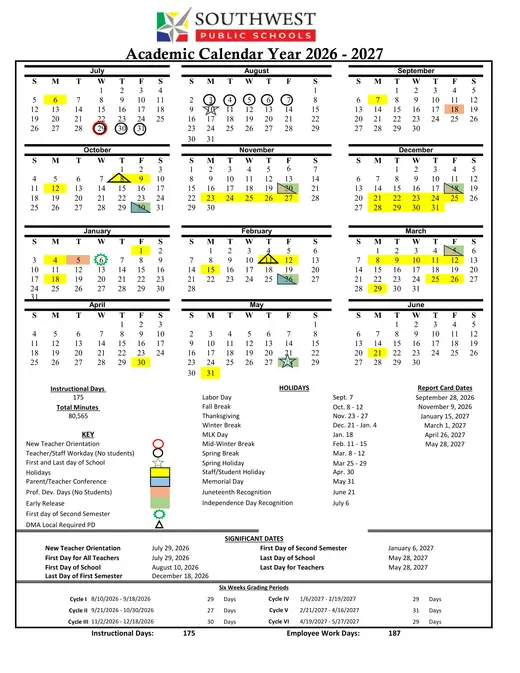 Southwest Public Schools 2026–2027 Academic Calendar