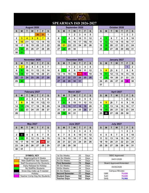 Spearman ISD 2026–2027 Academic Calendar Page 1