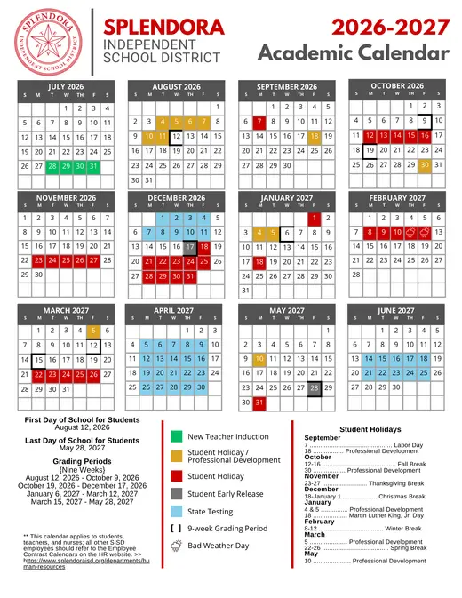 Splendora Independent School District 2025–2026 Academic Calendar Page 1
