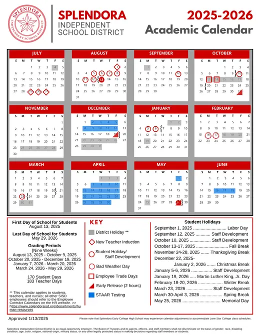 Splendora Independent School District 2025–2026 Academic Calendar Page 2