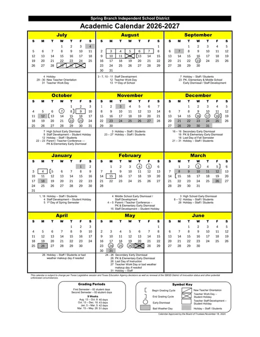 Spring Branch Independent School District 2026–2027 Academic Calendar