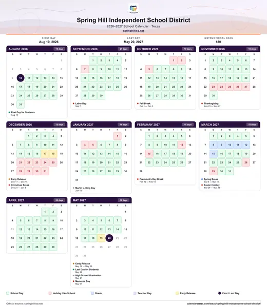 Spring Hill Independent School District 2026–2027 printable school calendar — every month on one sheet