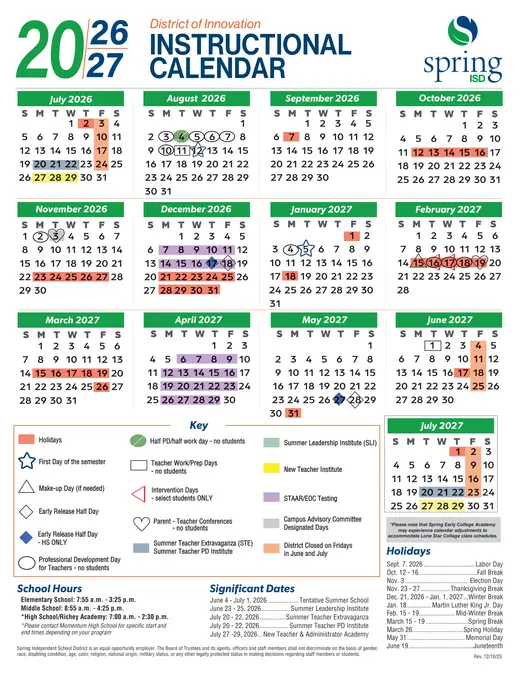 Spring ISD 2026–2027 Academic Calendar