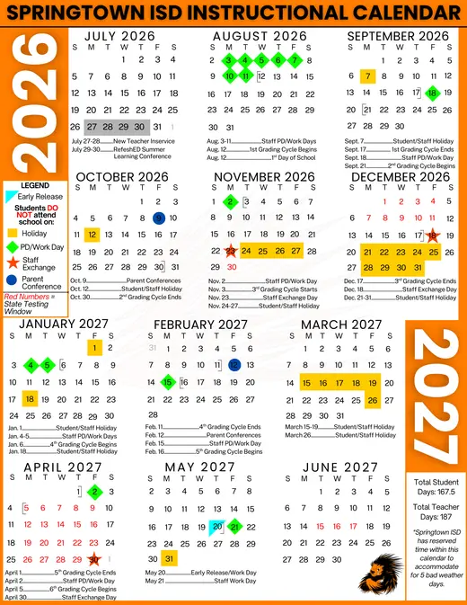 Springtown Independent School District 2026–2027 Academic Calendar