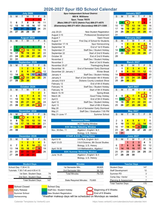 Spur ISD 2026–2027 Academic Calendar Page 1