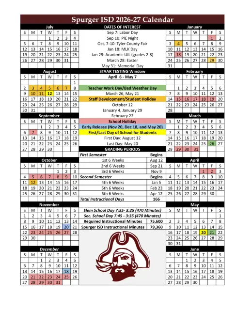Spurger ISD 2026–2027 Academic Calendar Page 1