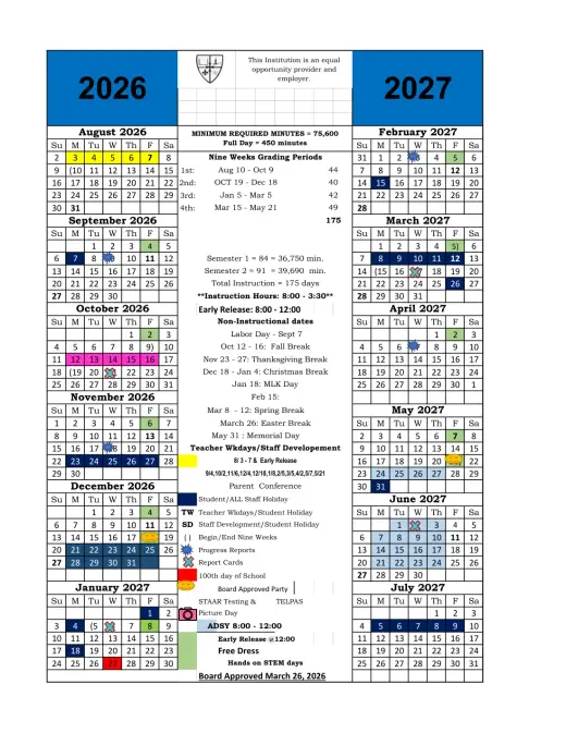 St Mary's Academy Charter School 2026–2027 Academic Calendar Page 1