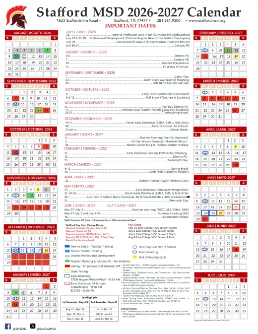 Stafford MSD 2026–2027 Academic Calendar Page 1
