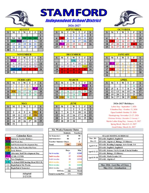 Stamford ISD 2026–2027 Academic Calendar Page 2