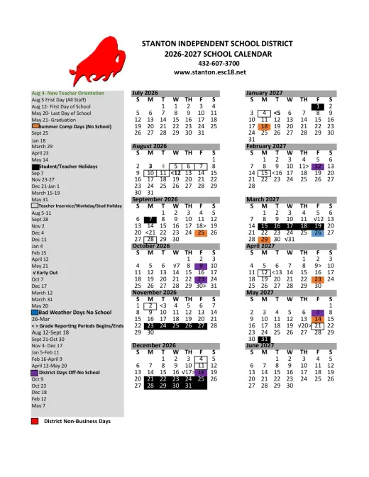 Stanton ISD 2026–2027 Academic Calendar Page 1