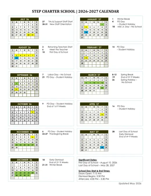 Step Charter School 2026–2027 Academic Calendar Page 1
