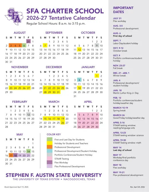 Stephen F Austin State University Charter School 2026–2027 Academic Calendar Page 1