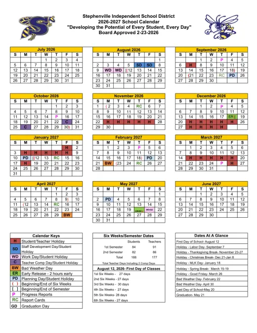 Stephenville ISD 2026–2027 Academic Calendar Page 1
