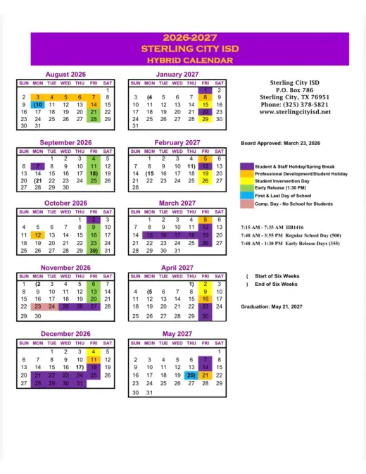 Sterling City ISD 2026–2027 Academic Calendar Page 1