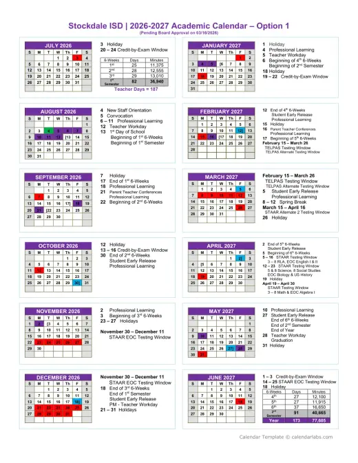 Stockdale ISD 2026–2027 Academic Calendar Page 1