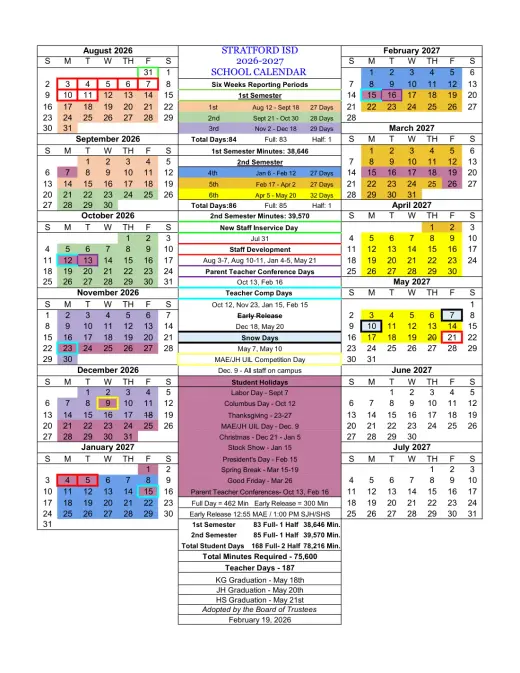 Stratford ISD 2026–2027 Academic Calendar Page 1