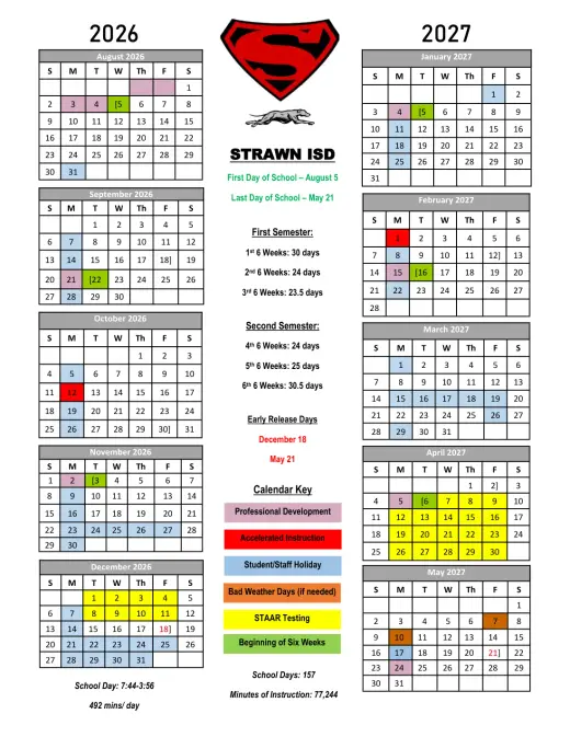 Strawn ISD 2026–2027 Academic Calendar Page 1