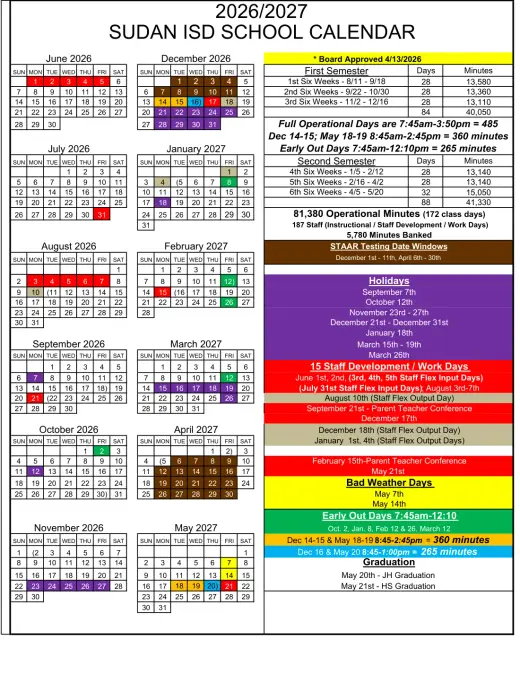 Sudan ISD 2026–2027 Academic Calendar Page 1