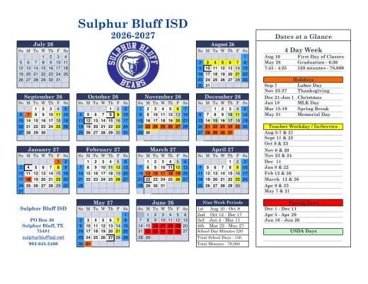 Sulphur Bluff ISD 2026–2027 Academic Calendar Page 1