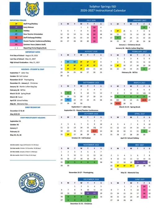 Sulphur Springs ISD 2026–2027 Academic Calendar Page 1