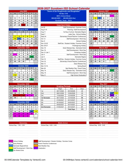 Sundown ISD 2026–2027 Academic Calendar Page 1