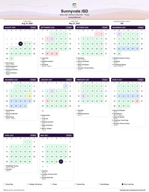 Sunnyvale ISD 2026–2027 printable school calendar — every month on one sheet