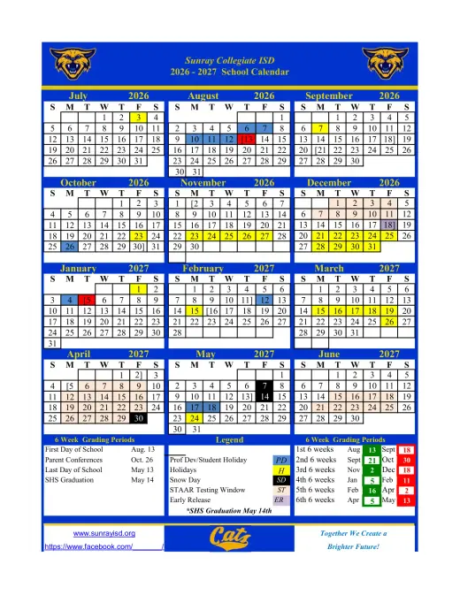 Sunray Collegiate ISD 2026–2027 Academic Calendar Page 1