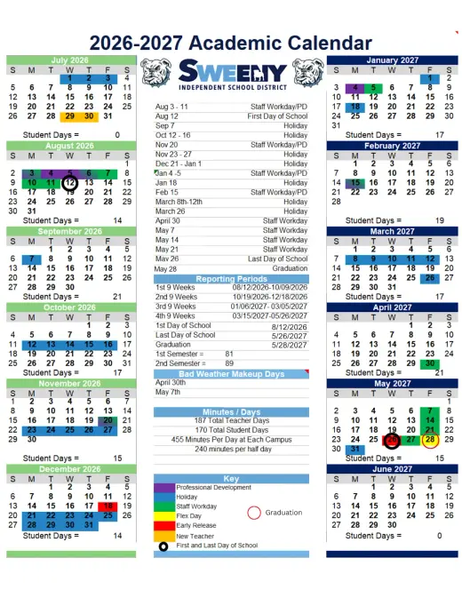 Sweeny Independent School District 2026–2027 Academic Calendar Page 2