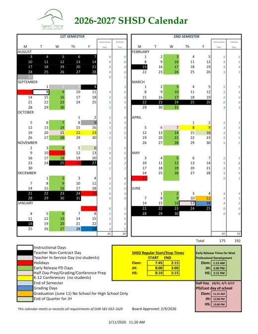 Sweet Home ISD 2026–2027 Academic Calendar Page 1