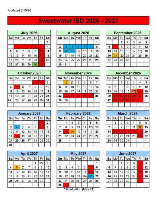Sweetwater ISD 2026–2027 Academic Calendar Page 1