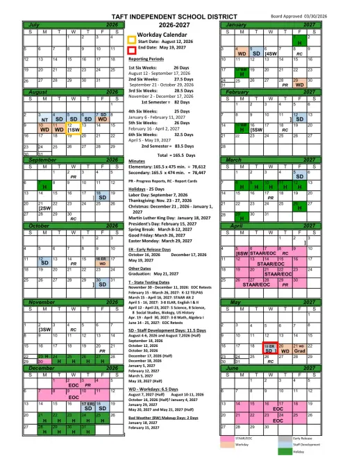 Taft ISD 2026–2027 Academic Calendar Page 1