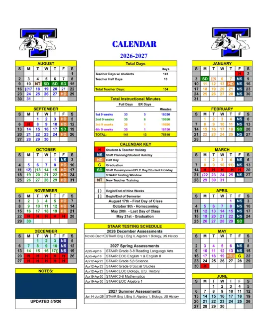 Tahoka ISD 2026–2027 Academic Calendar Page 1