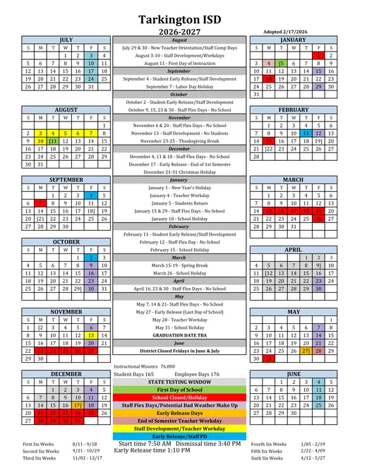 Tarkington ISD 2026–2027 Academic Calendar