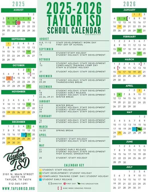 Taylor ISD 2025–2026 Academic Calendar Page 1