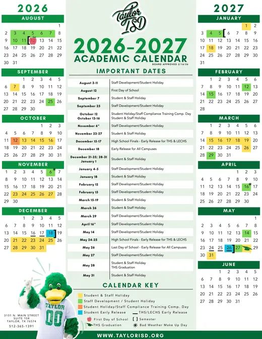 Taylor ISD 2025–2026 Academic Calendar Page 3