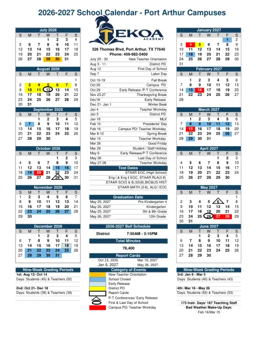 Tekoa Academy of Accelerated Studies STEM School 2026–2027 Academic Calendar Page 1
