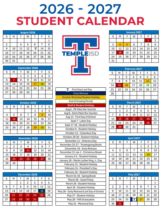 Temple ISD 2026–2027 Academic Calendar