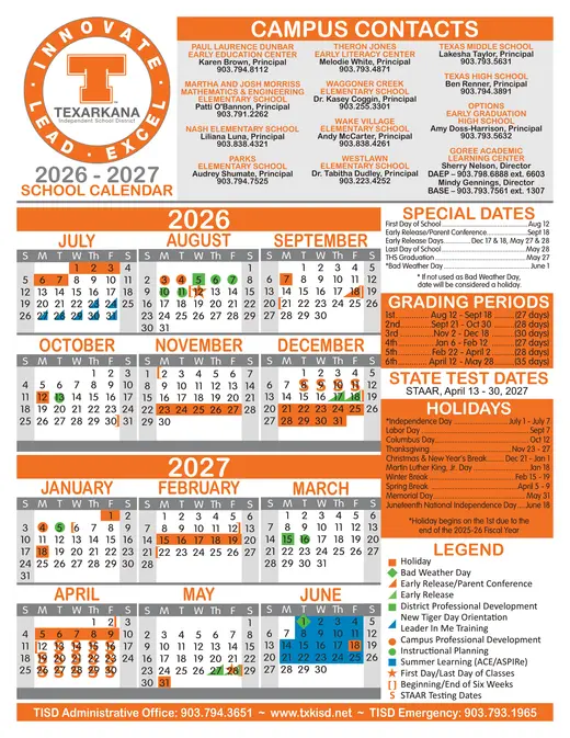 Texarkana Independent School District 2026–2027 Academic Calendar